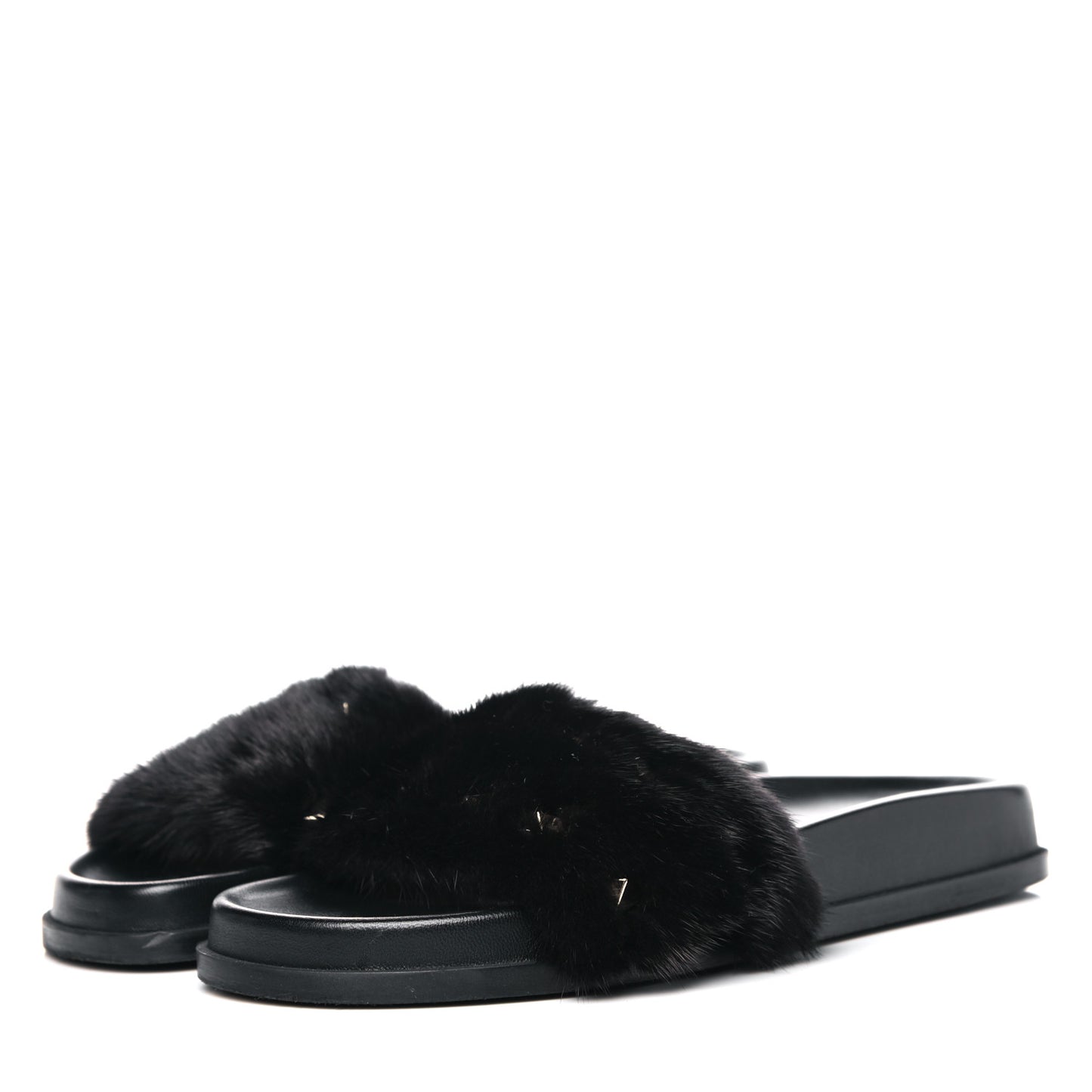 Mink Fur Rockstud Slide Sandals 36 Black