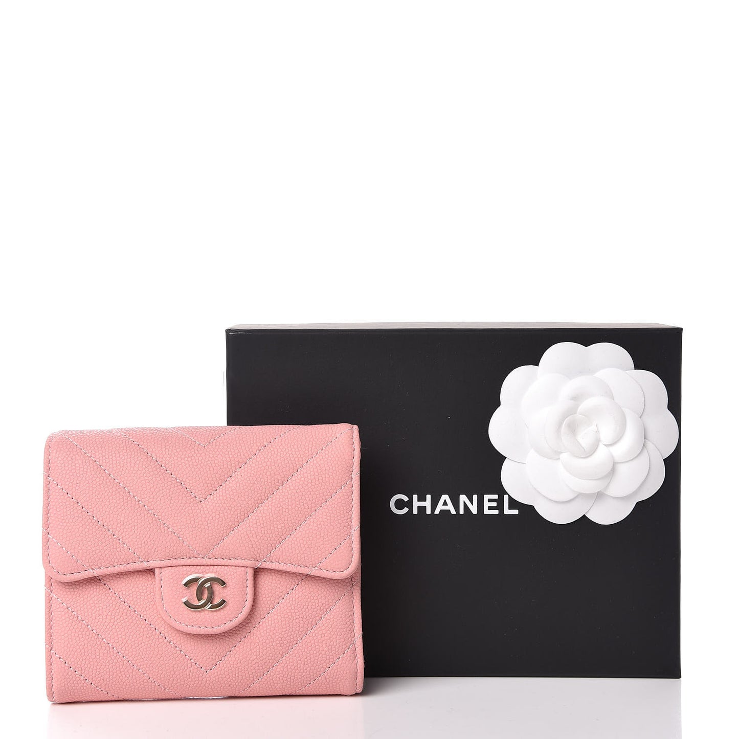 Caviar Chevron Quilted Compact Flap Wallet Pink
