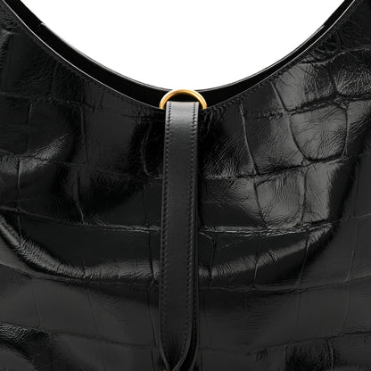 Chloe Shiny Calfskin Croco-Effect Embossed Small Marcie Hobo Bag Black 8 of 10