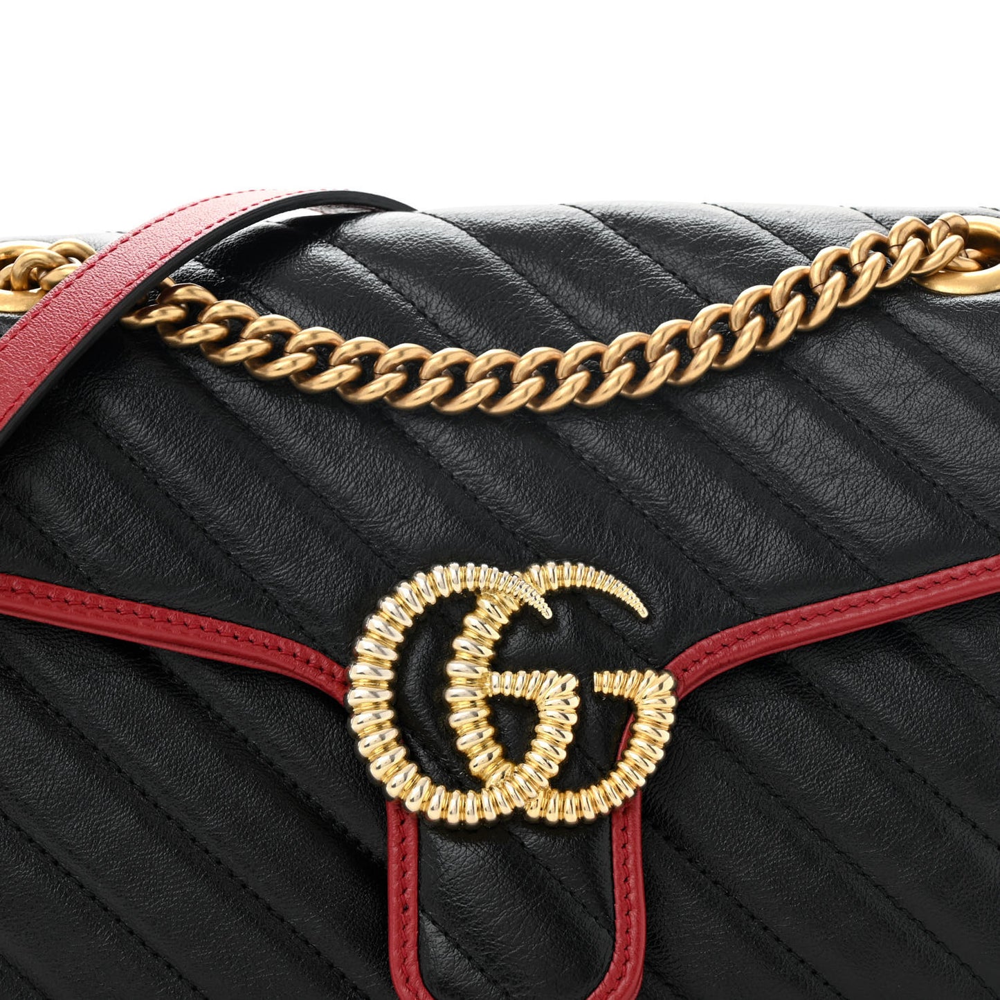 Vintage Effect Calfskin Matelasse Diagonal Small Torchon GG Marmont Shoulder Bag Black Romantic Cherry