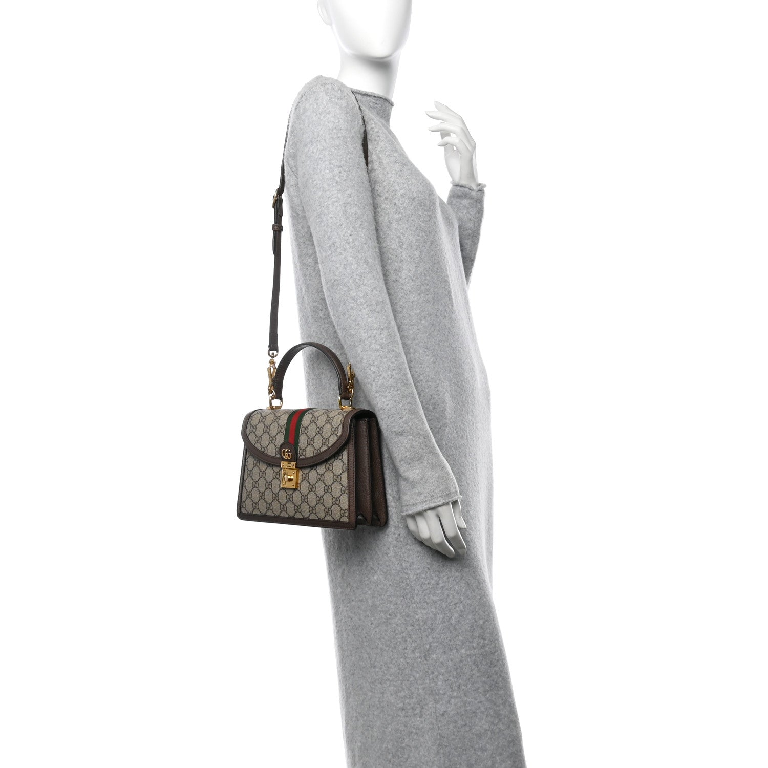Gucci GG Supreme Monogram Textured Dollar Calfskin Web Small Ophidia Padlock Top Handle Bag Beige Ebony New Acero 2 of 13