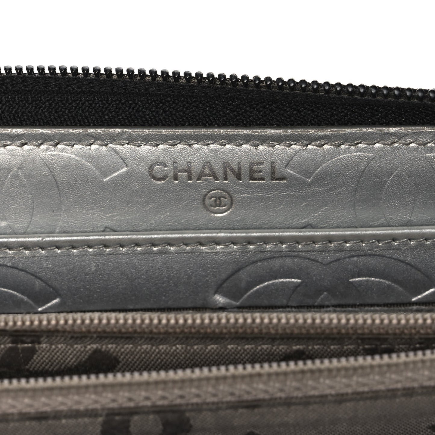 Calfskin Quilted Cambon Large Gusset Zip Around Wallet Black Silver