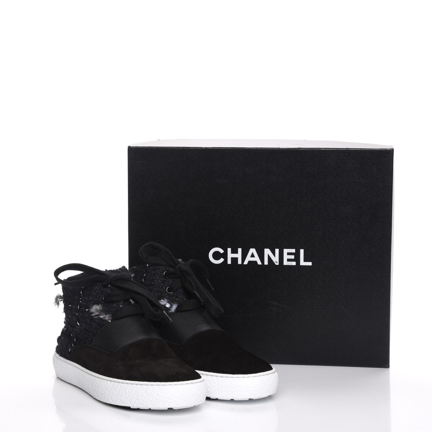 Chanel Suede Tweed High Top Sneakers 37 Black White 11 of 11