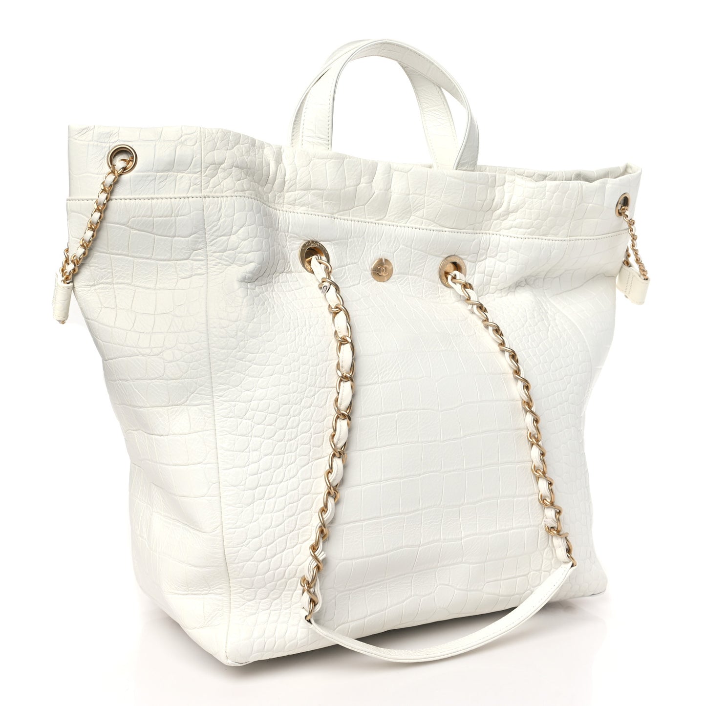 Calfskin Crocodile Embossed Large Cocodile Shopping Tote White