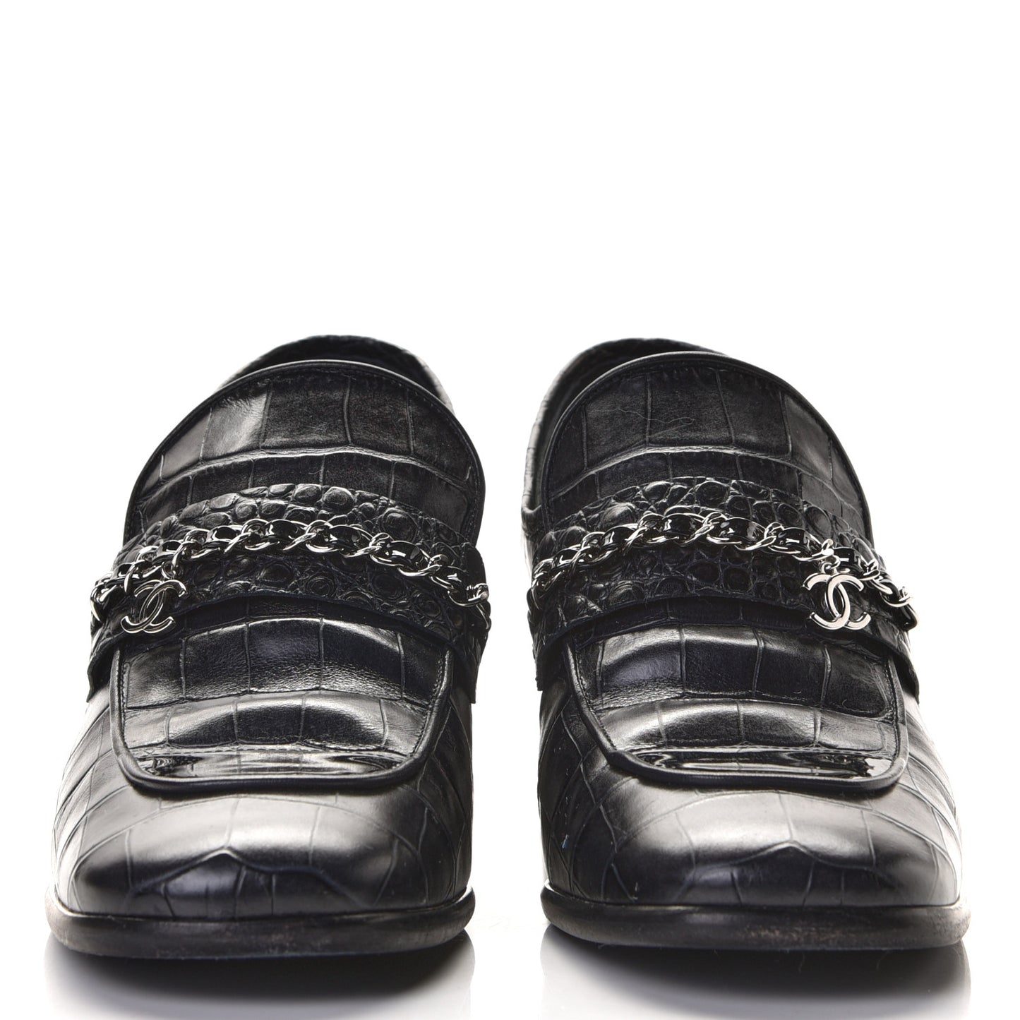 Calfskin Crocodile Embossed CC Chain Mocassin Loafers 40 Navy