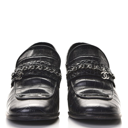 Chanel Calfskin Crocodile Embossed CC Chain Mocassin Loafers 40 Navy 2 of 11