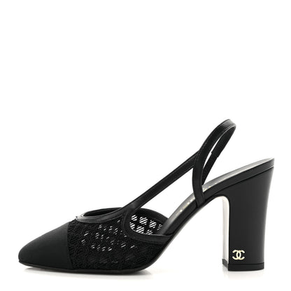 Chanel Fabric Embroidery Grosgrain Cap Toe CC Slingback Pumps 37 Black 1 of 8