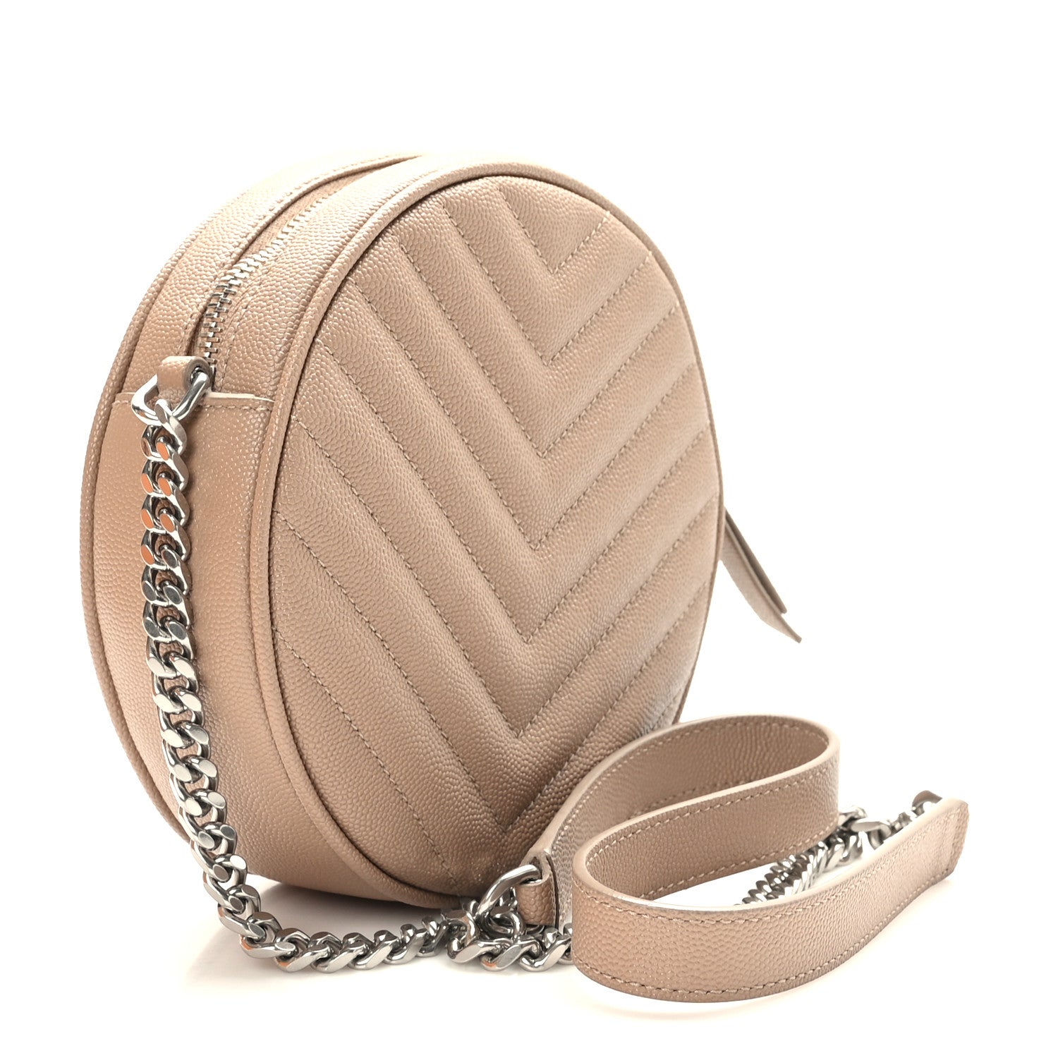Saint Laurent Grain De Poudre Matelasse Chevron Quilted Round Vinyle Camera Bag Dark Beige 3 of 10