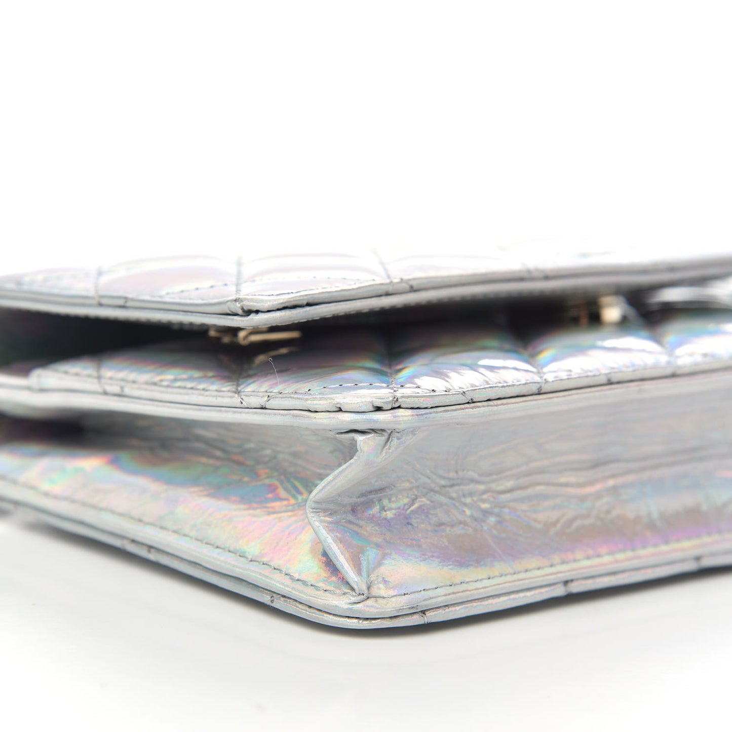Iridescent Goatskin Quilted Wallet On Chain WOC Silver
