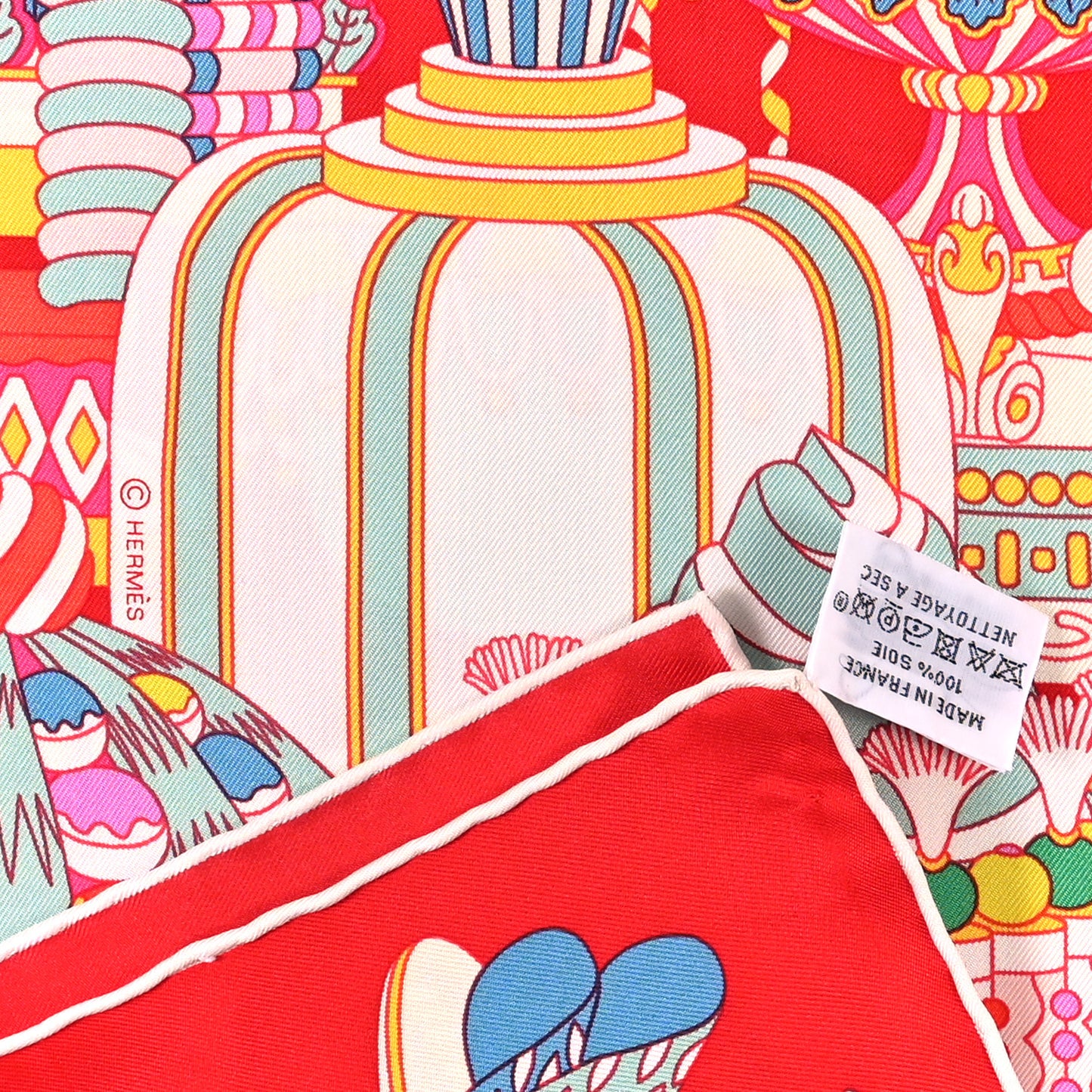 Silk La Patisserie Francaise Scarf 90 Rouge Vif Vert Multicolor