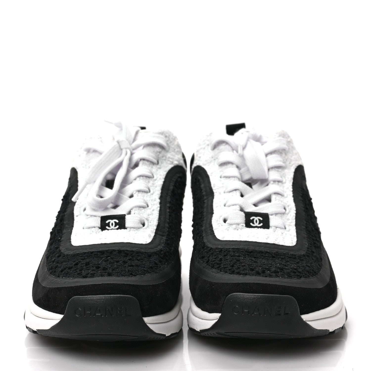 Chanel Tweed Suede Calfskin CC Sneakers 38 Black White 2 of 6