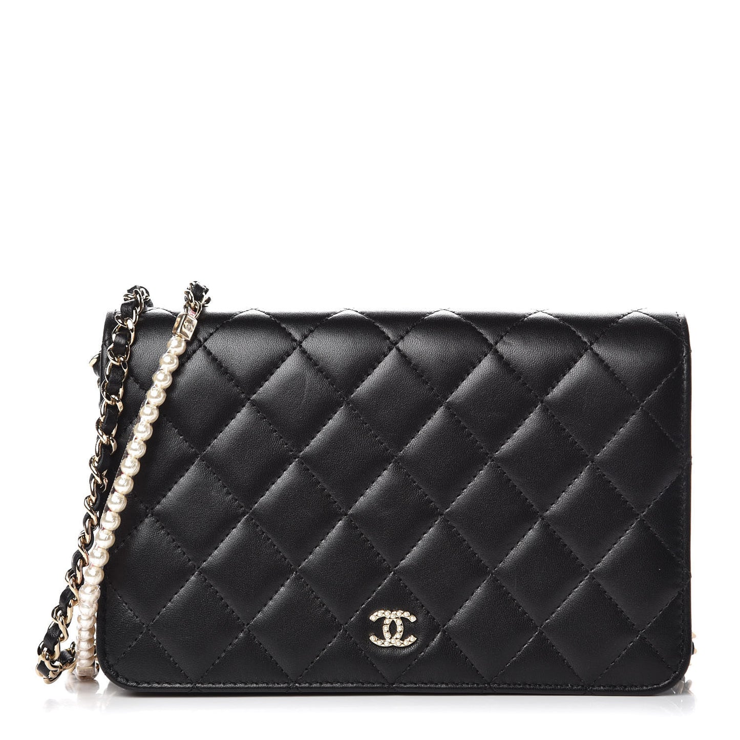Lambskin Quilted Pearl Wallet On Chain WOC Black