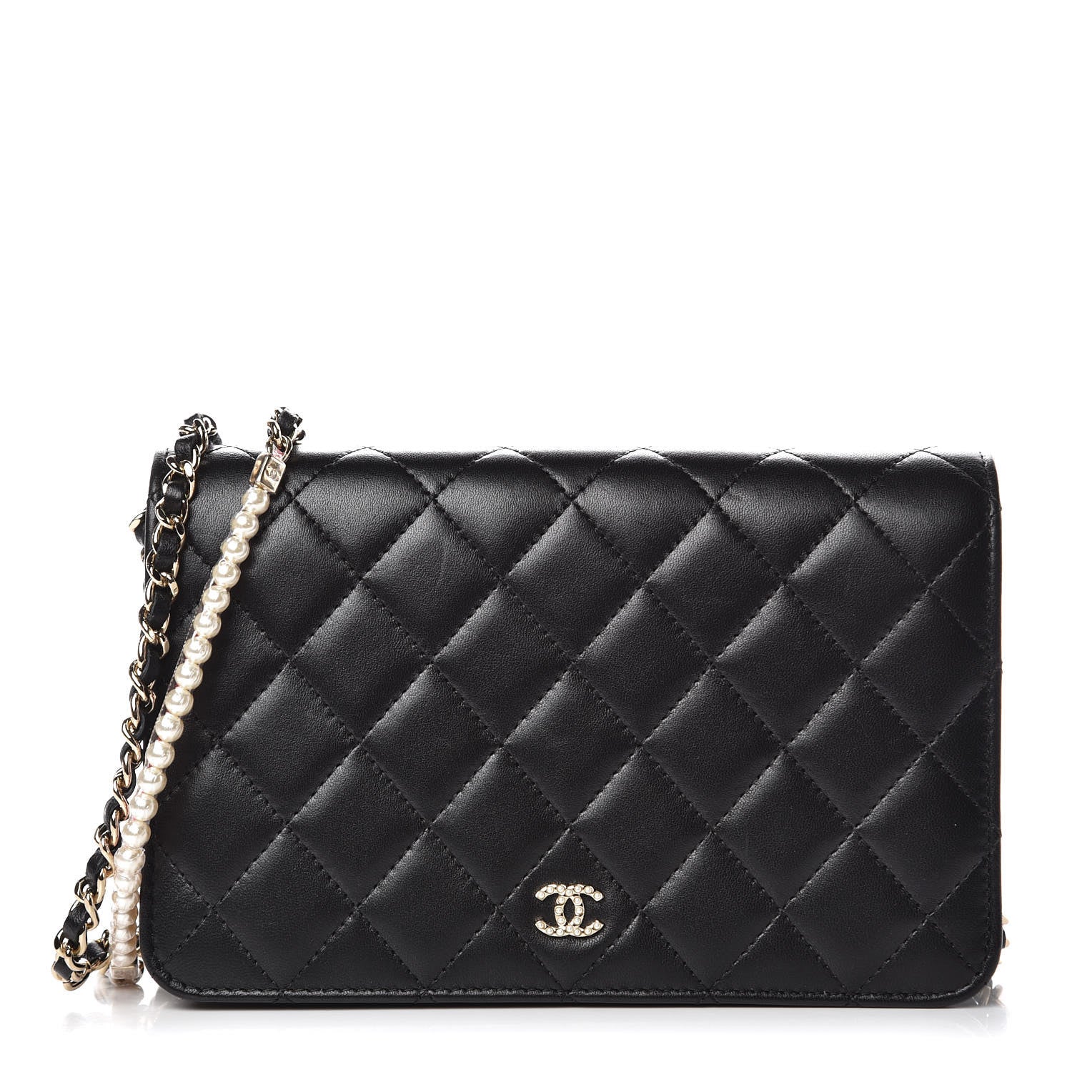 Chanel Lambskin Quilted Pearl Wallet On Chain WOC Black 3 of 13