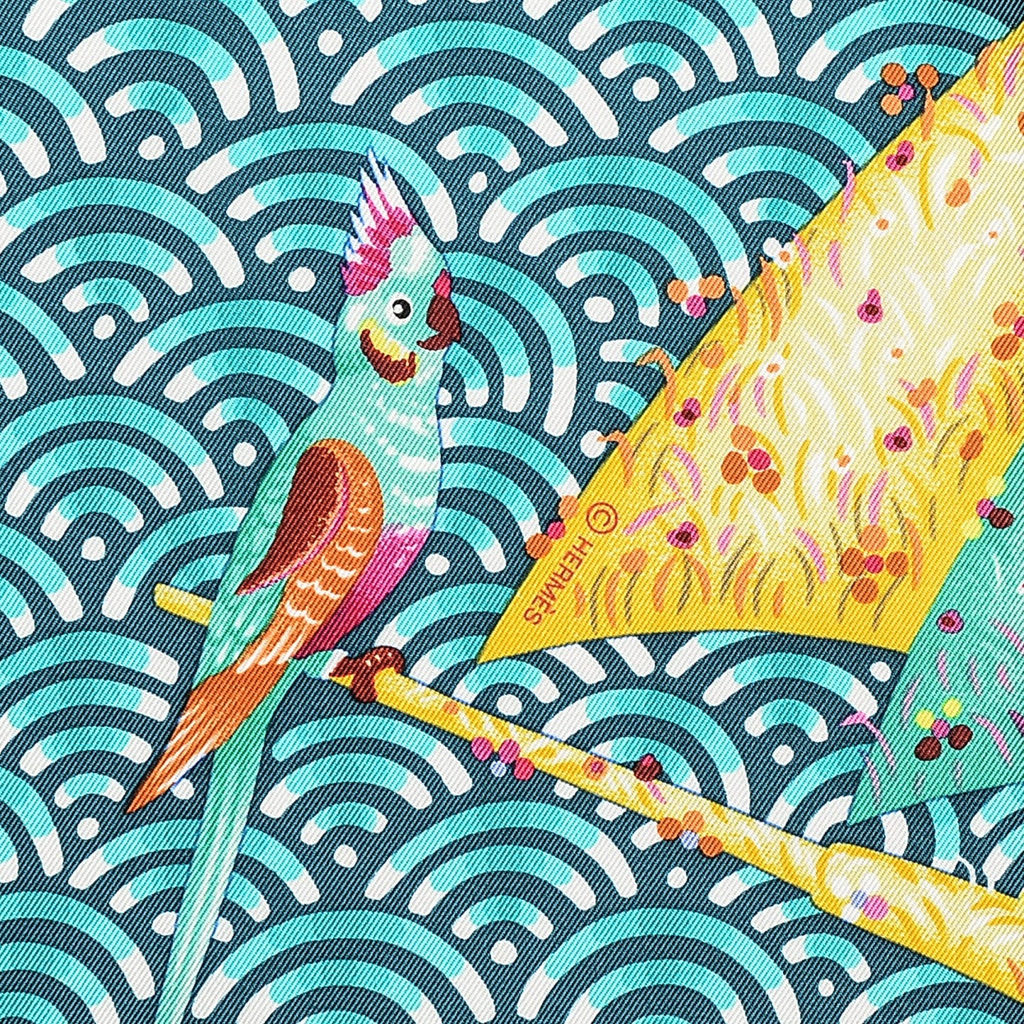 Silk Bateau Fleuri Scarf 90 Vert Canard Jaune