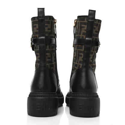 Fendi Vitello Fabric Jacquard FF Fendigraphy 50mm Biker Boots 39 Black Tobacco 5 of 7