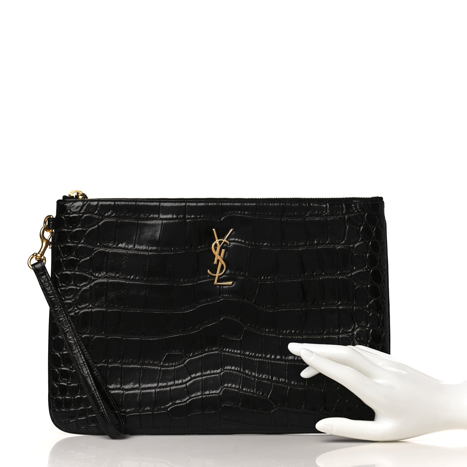 Saint Laurent Calfskin Crocodile Embossed Cassandre Tablet Pouch Black 2 of 8