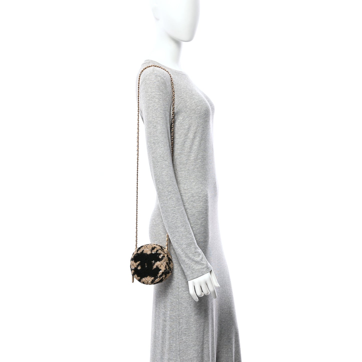 Tweed Shearling Quilted Round Clutch With Chain and Coin Purse Beige Black