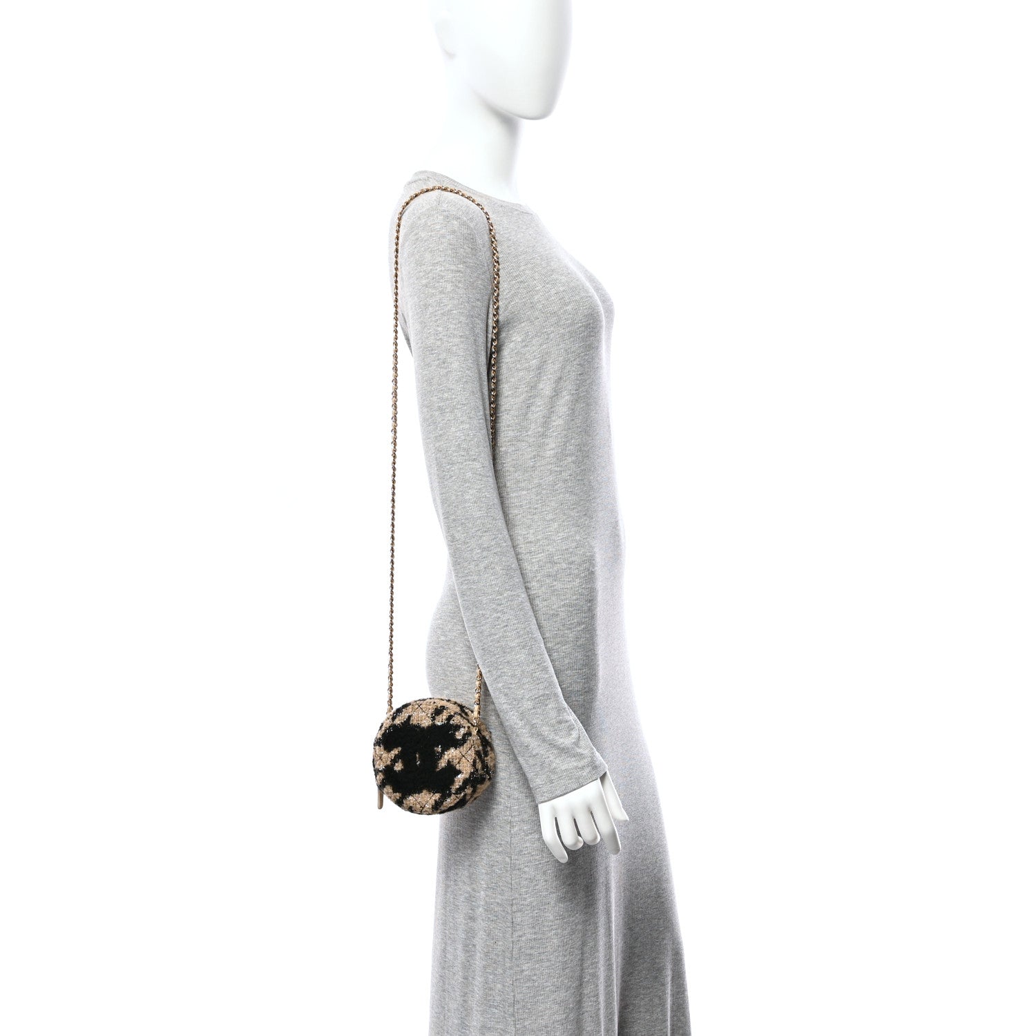 Chanel Tweed Shearling Quilted Round Clutch With Chain and Coin Purse Beige Black 2 of 11