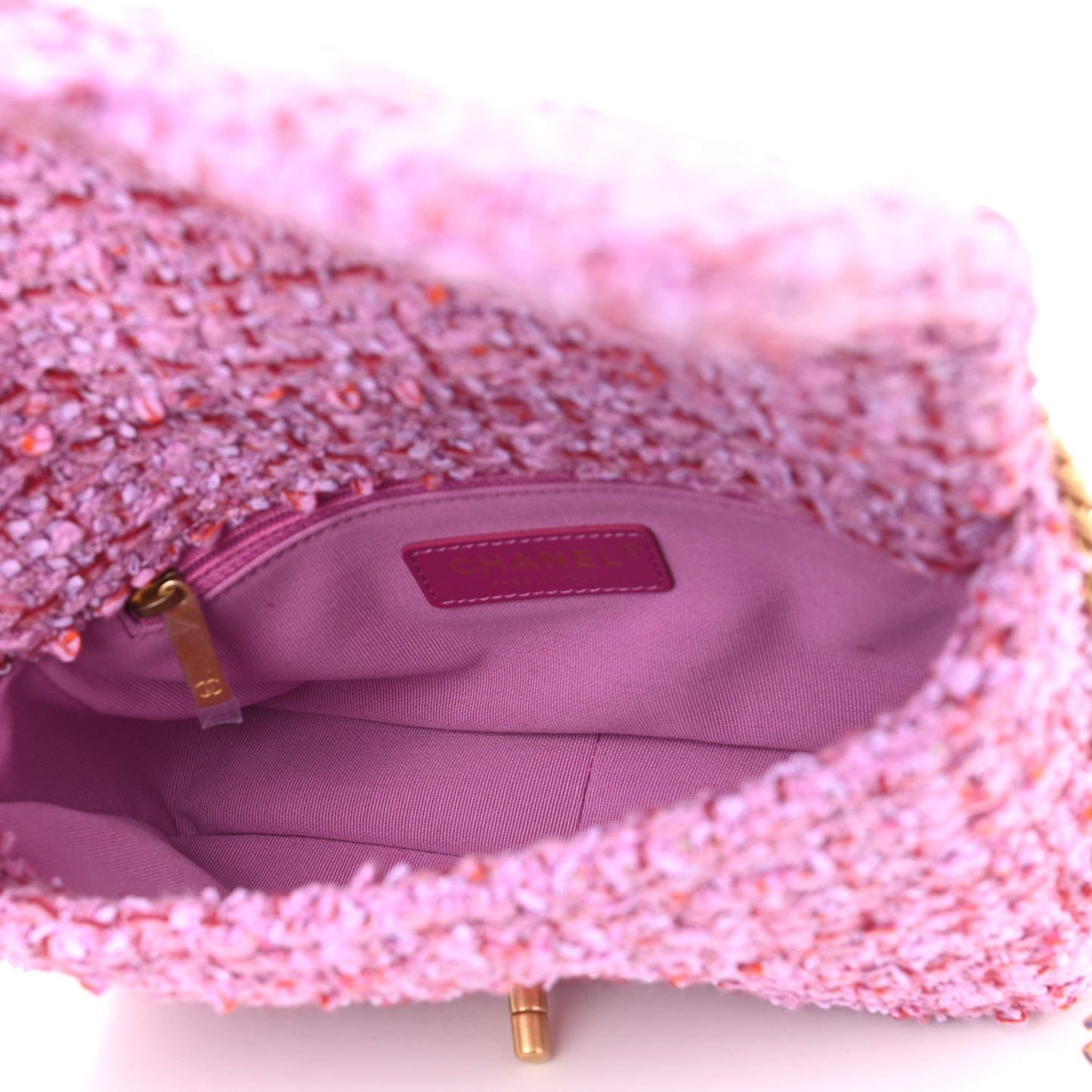 Tweed Enamel Quilted Mini Pending CC Square Flap Light Purple Pink Red