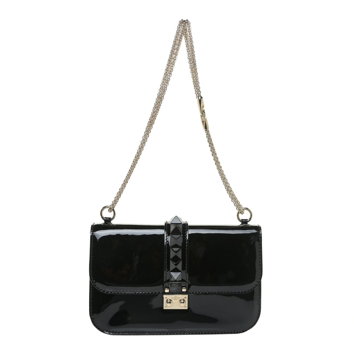 Patent Monochrome Medium Glam Lock Rockstud Flap Black