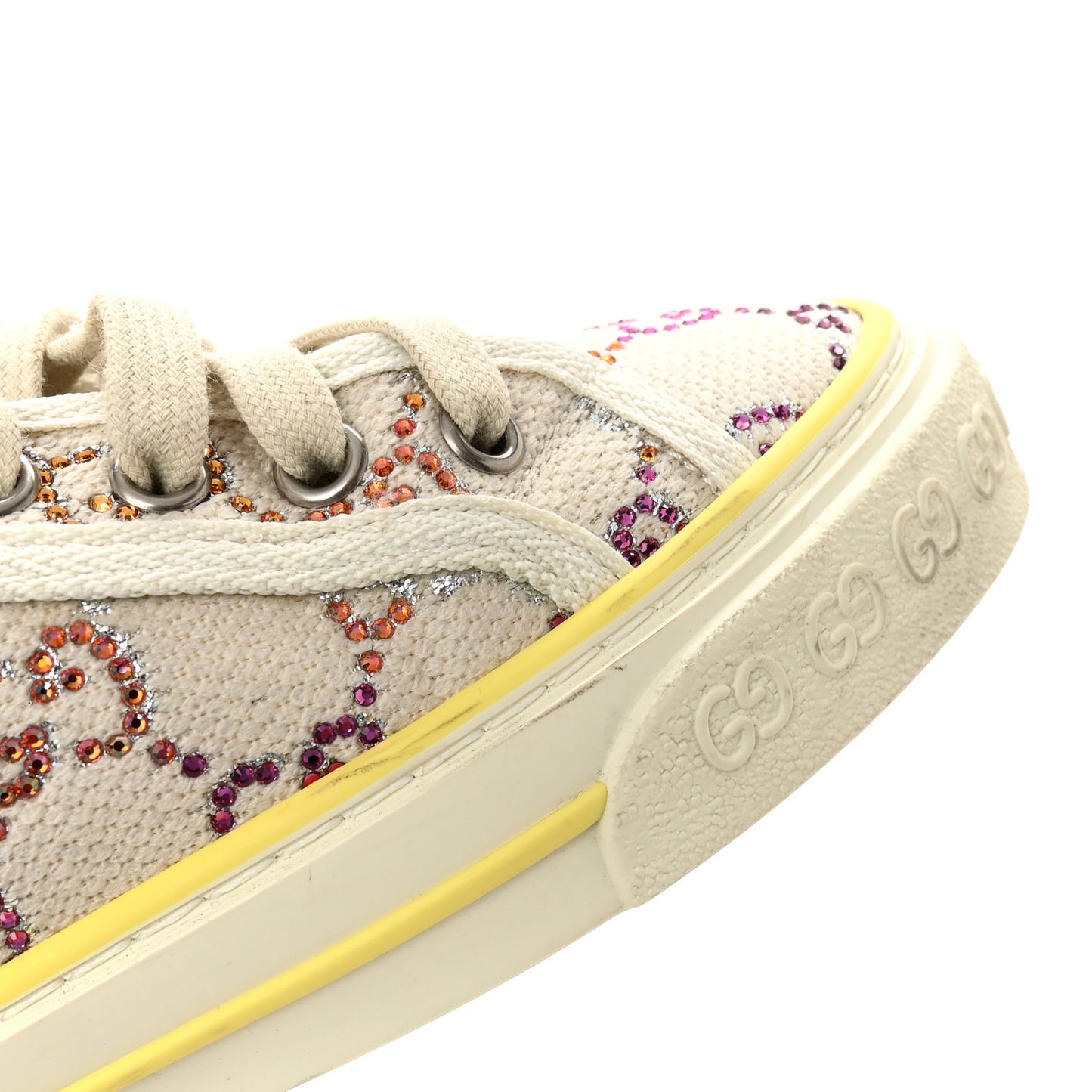 Canvas Lame Crystal GG Monogram Womens 1977 Tennis Sneakers 36 Gardenia Silver Mystic White