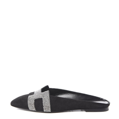 Hermes Suede Goatskin Crystal Roxane Mules 38 Gris Argente Black 1 of 8