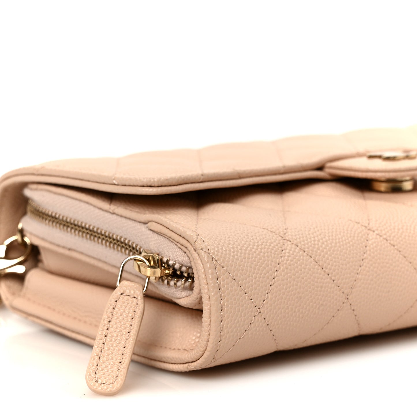 Caviar Quilted Phone Holder Wallet on Removable Chain Light Beige
