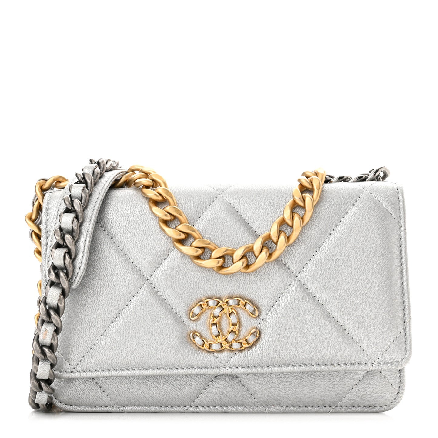 Metallic Lambskin Quilted Chanel 19 Wallet On Chain WOC Silver