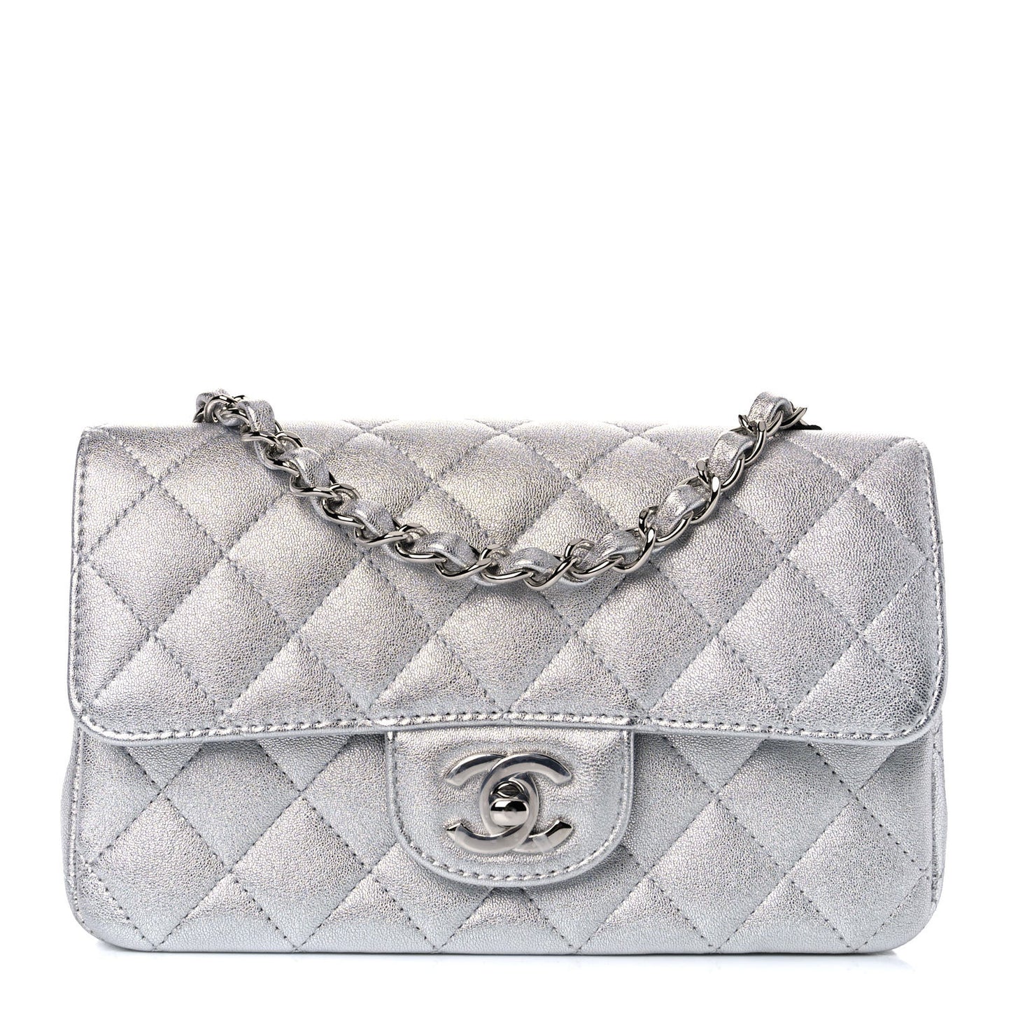 Metallic Lambskin Quilted Mini Rectangular Flap Silver