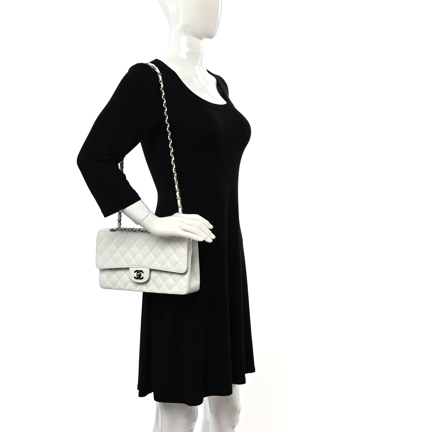 Caviar Quilted Medium Double Flap White