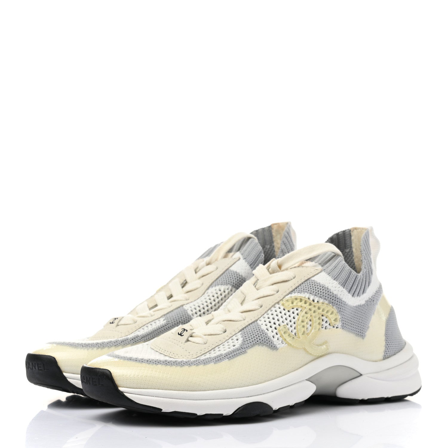 Chanel Fabric Suede Calfskin Stretch CC Sneakers 38 White Grey 3 of 8