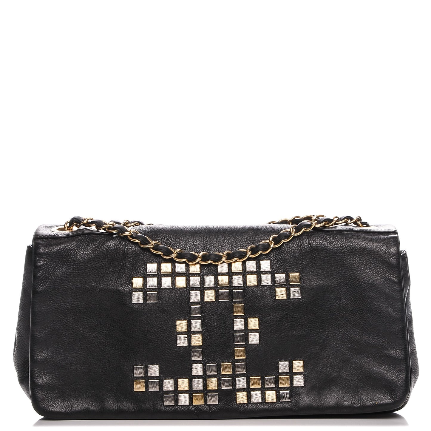Grained Calfskin Metal Mosaic Flap Black