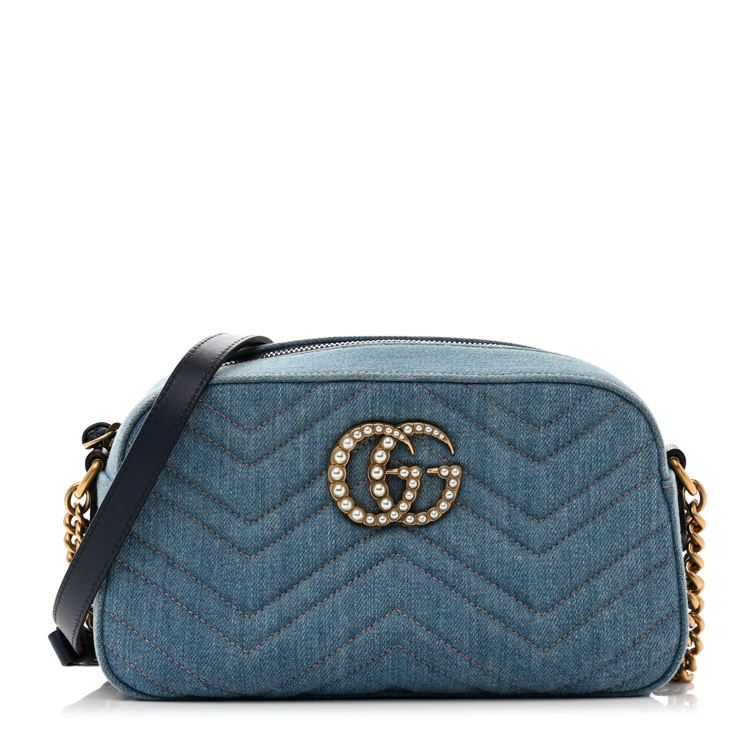 Gucci Denim Matelasse Small Pearly GG Marmont Chain Shoulder Bag Blue 1 of 9