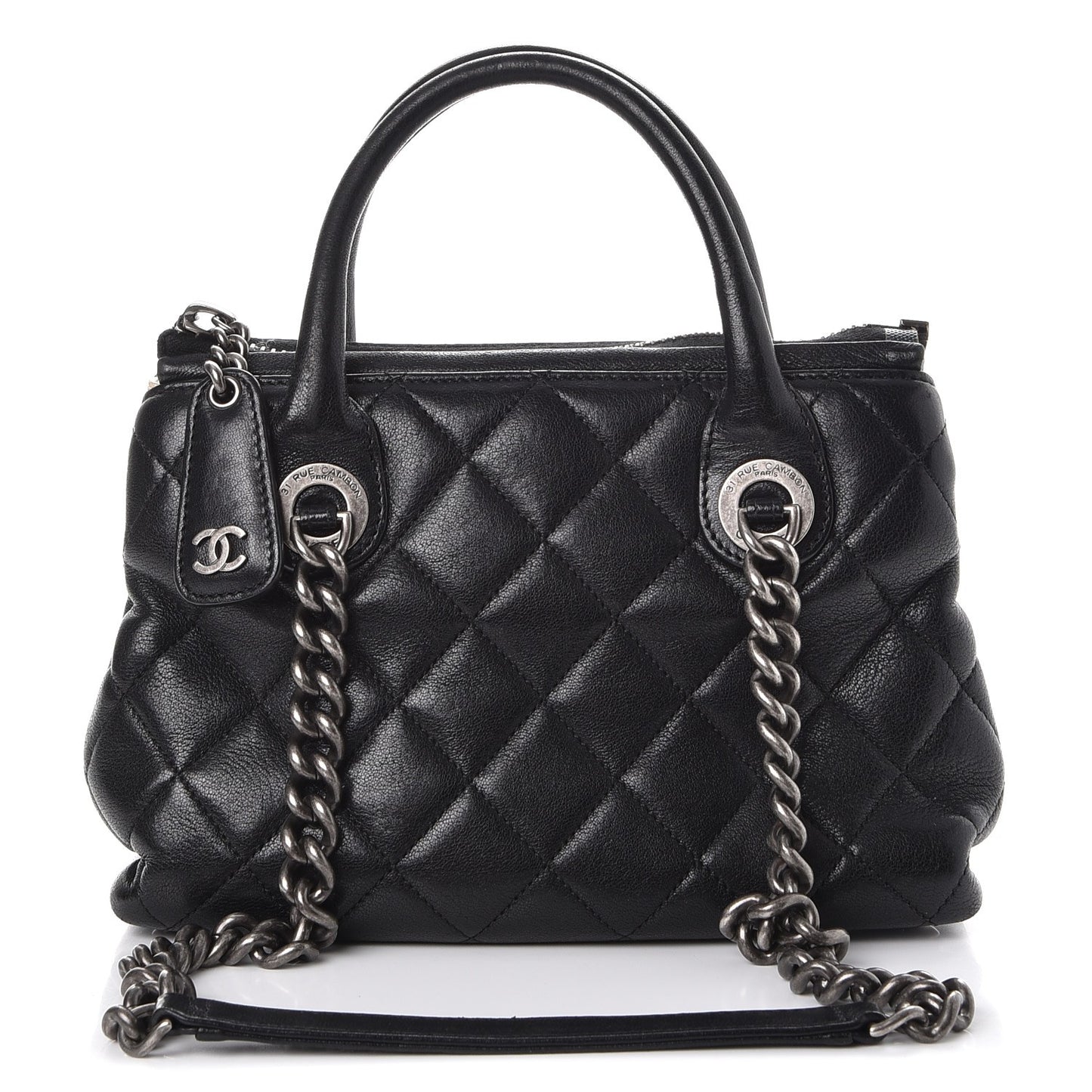 Shiny Sheepskin Quilted Small Shopping Tote Black