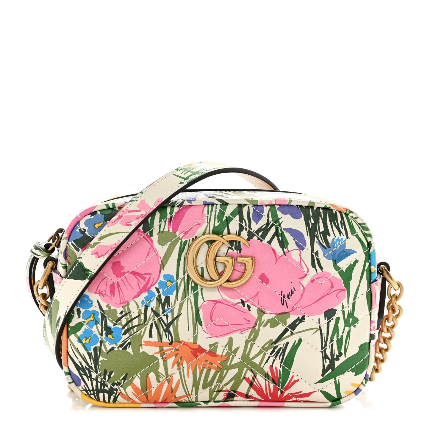 X KEN SCOTT Calfskin Matelasse Floral Print Small GG Marmont Chain Shoulder Bag Ivory Pink