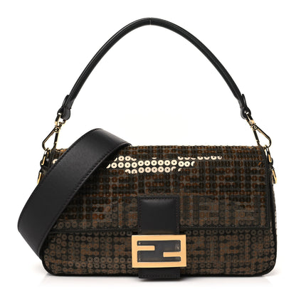 Fendi Fabric Jacquard Paillettes Vitello Seta FF Baguette Testa di Moro Real Ebano 1 of 10