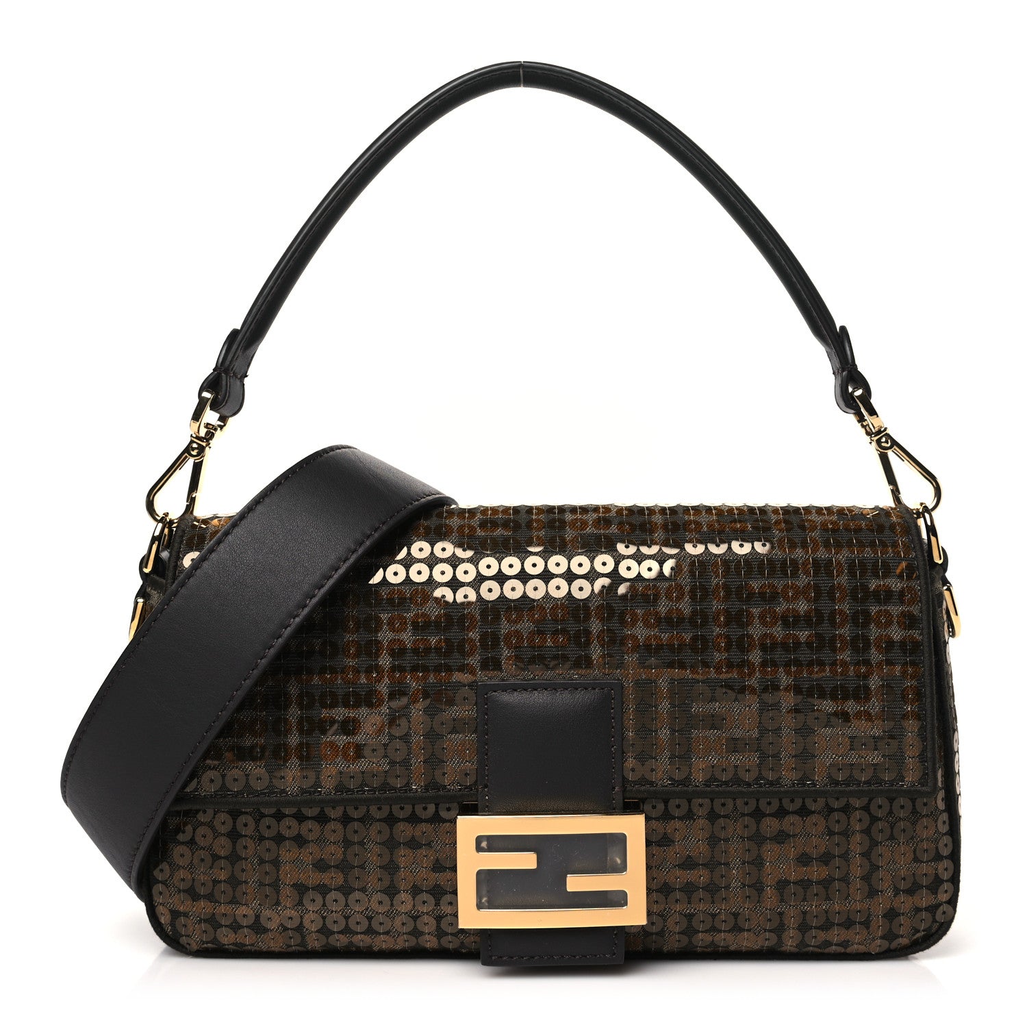 Fendi Fabric Jacquard Paillettes Vitello Seta FF Baguette Testa di Moro Real Ebano 1 of 10