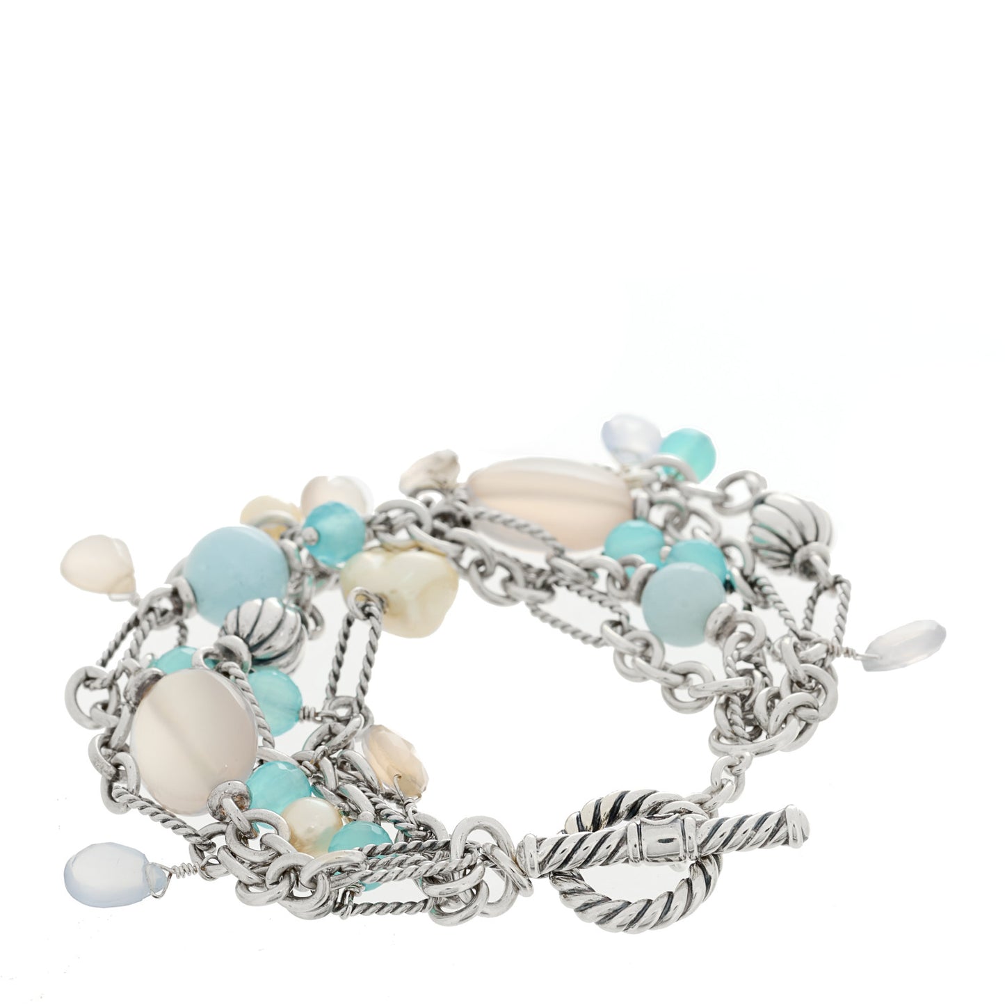 Sterling Silver Aquamarine Pearl Moonstone Blue Topaz Multi Chain Toggle Bracelet