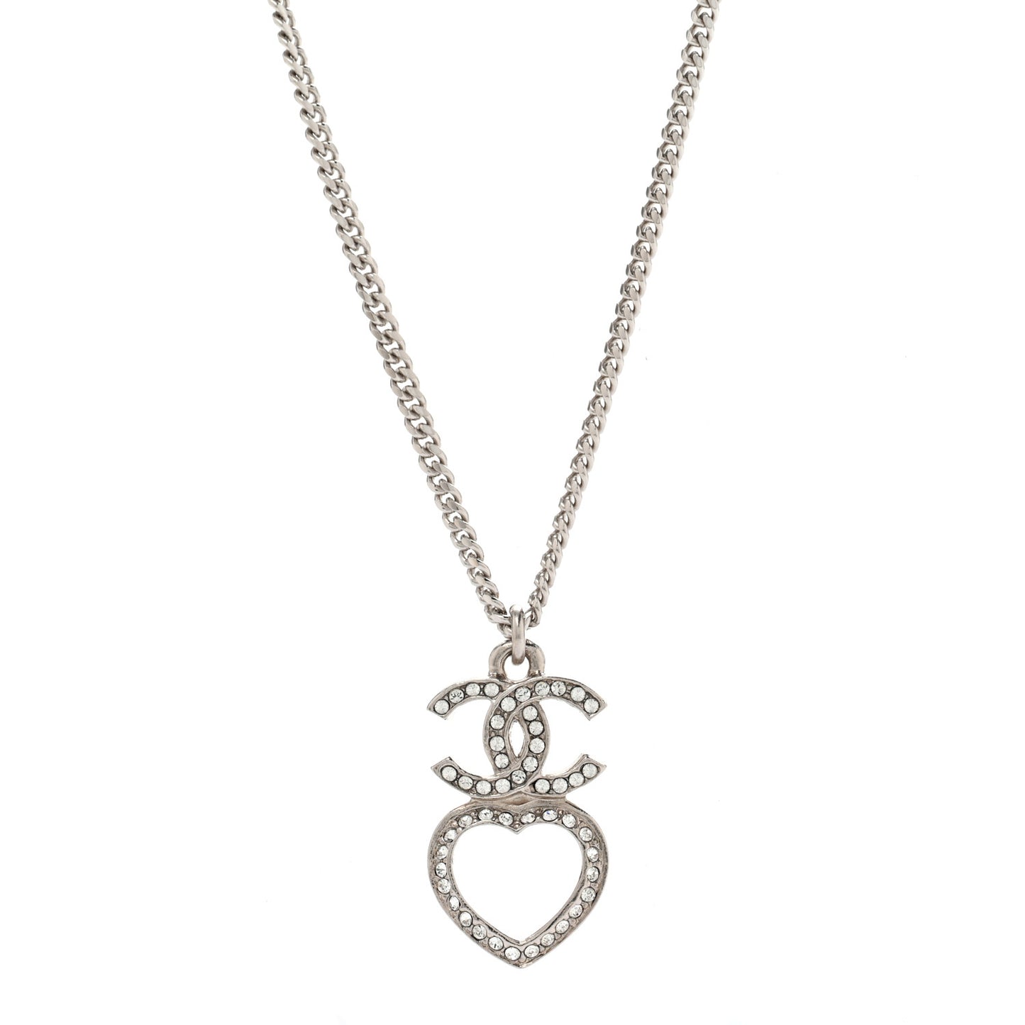 Crystal CC Heart Drop Chain Necklace Silver
