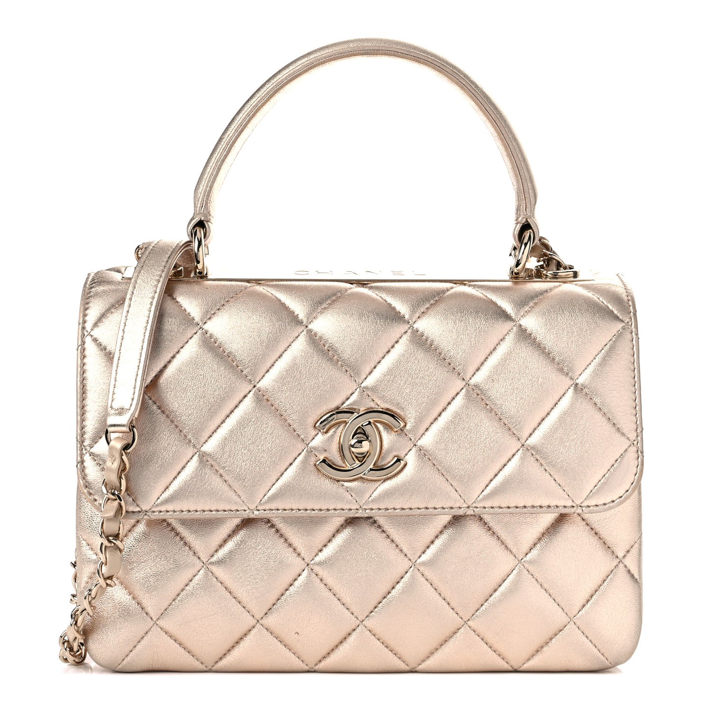 Metallic Lambskin Quilted Small Trendy CC Flap Dual Handle Bag Gold