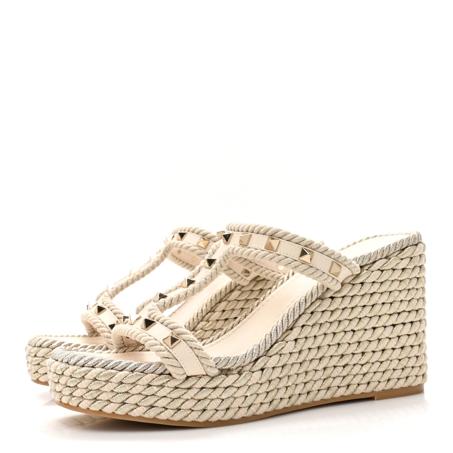 Calfskin Rockstud Ankle Strap Torchon Espadrille Caged 25/95mm Wedge Sandals 40 Light Ivory