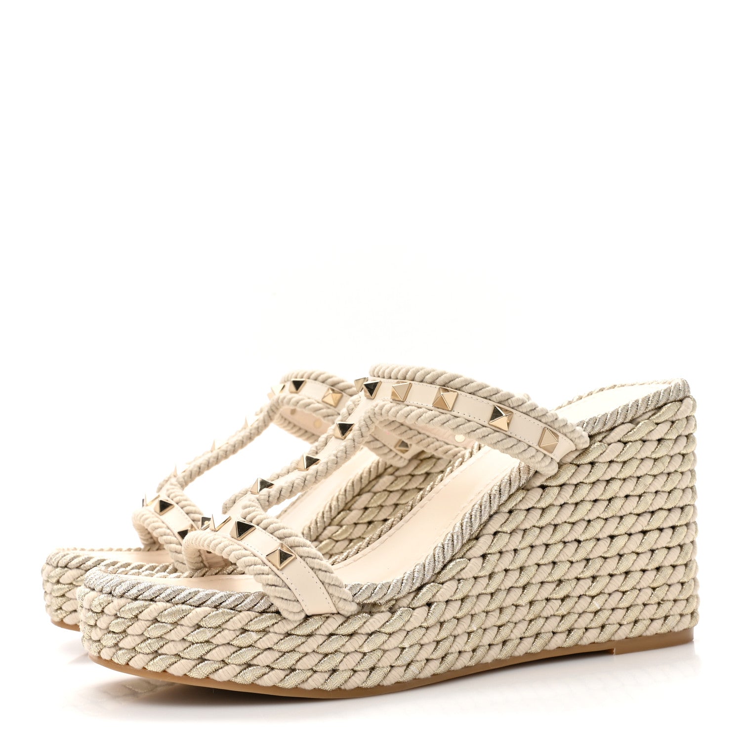 Valentino Garavani Calfskin Rockstud Ankle Strap Torchon Espadrille Caged 25/95mm Wedge Sandals 40 Light Ivory 3 of 7