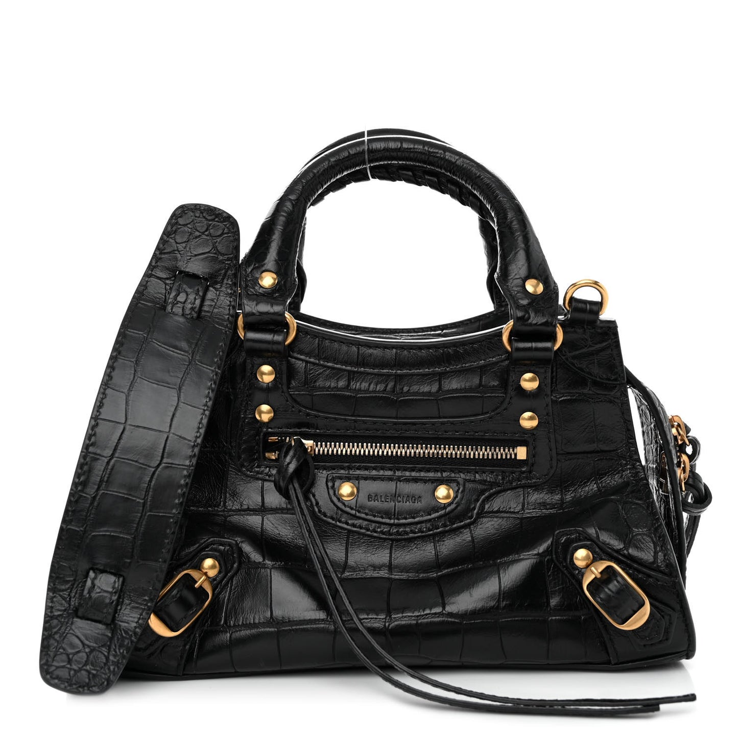Shiny Supple Calfskin Crocodile Embossed Neo Classic Gold Hardware Mini City Black