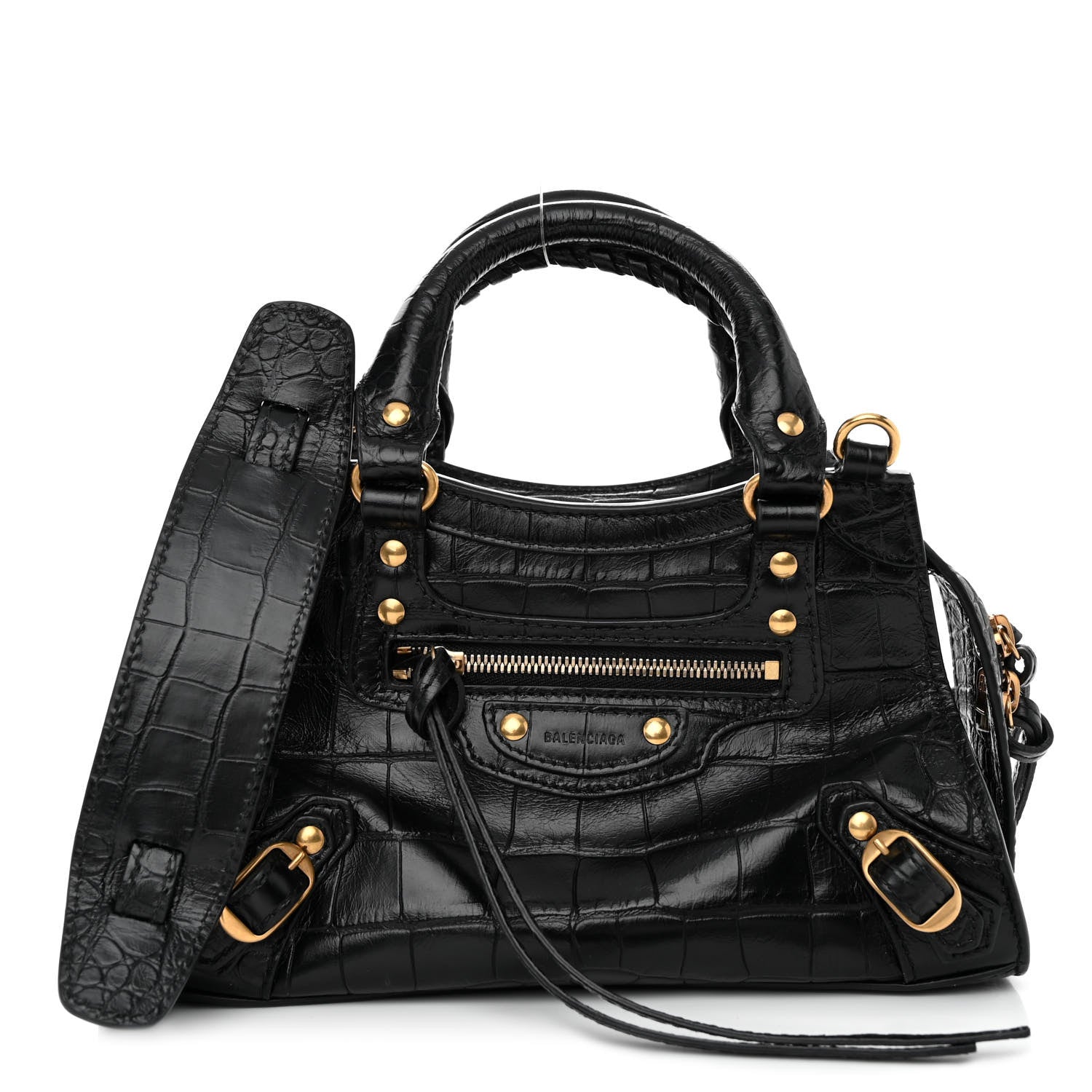 Balenciaga Shiny Supple Calfskin Crocodile Embossed Neo Classic Gold Hardware Mini City Black 1 of 10