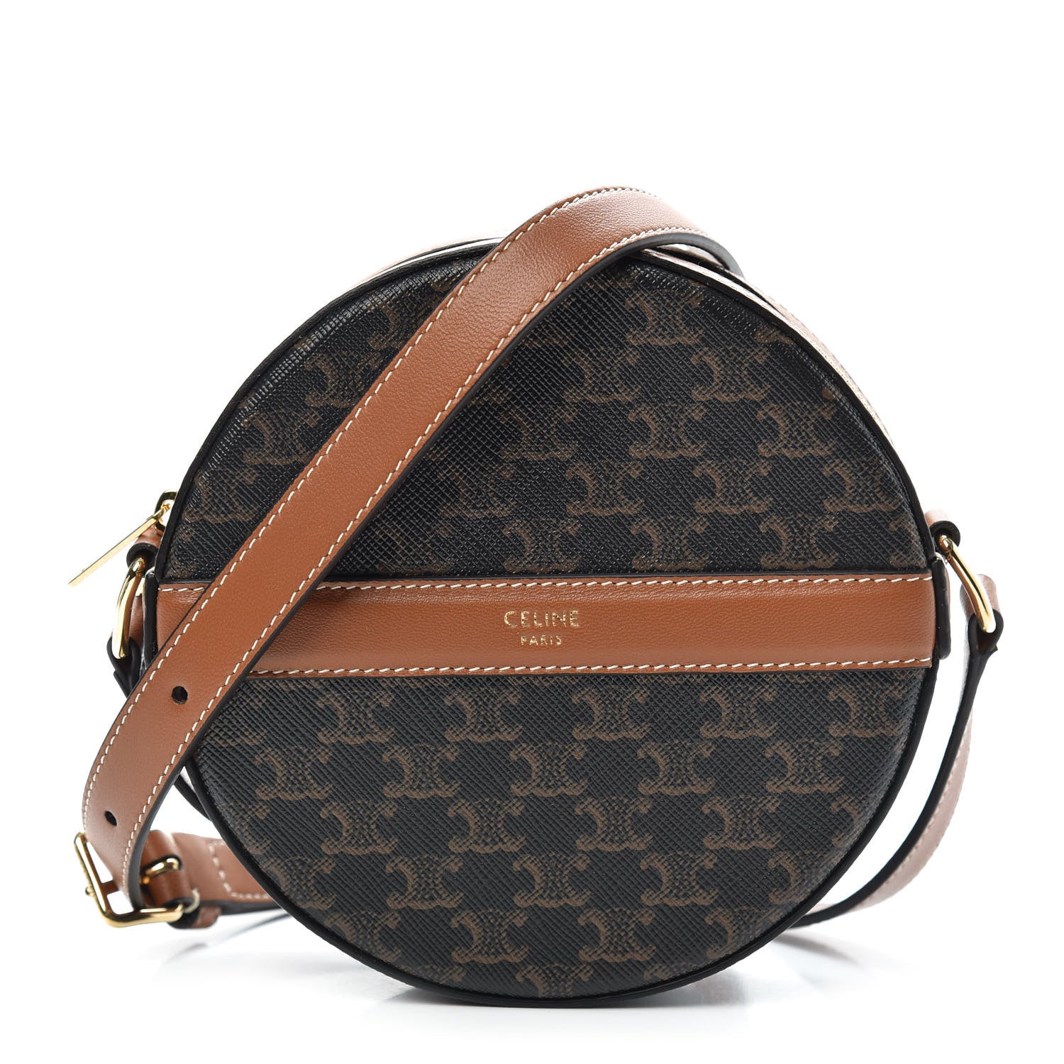 Celine Lambskin Triomphe Canvas Round Purse On Strap Black Tan 1 of 9