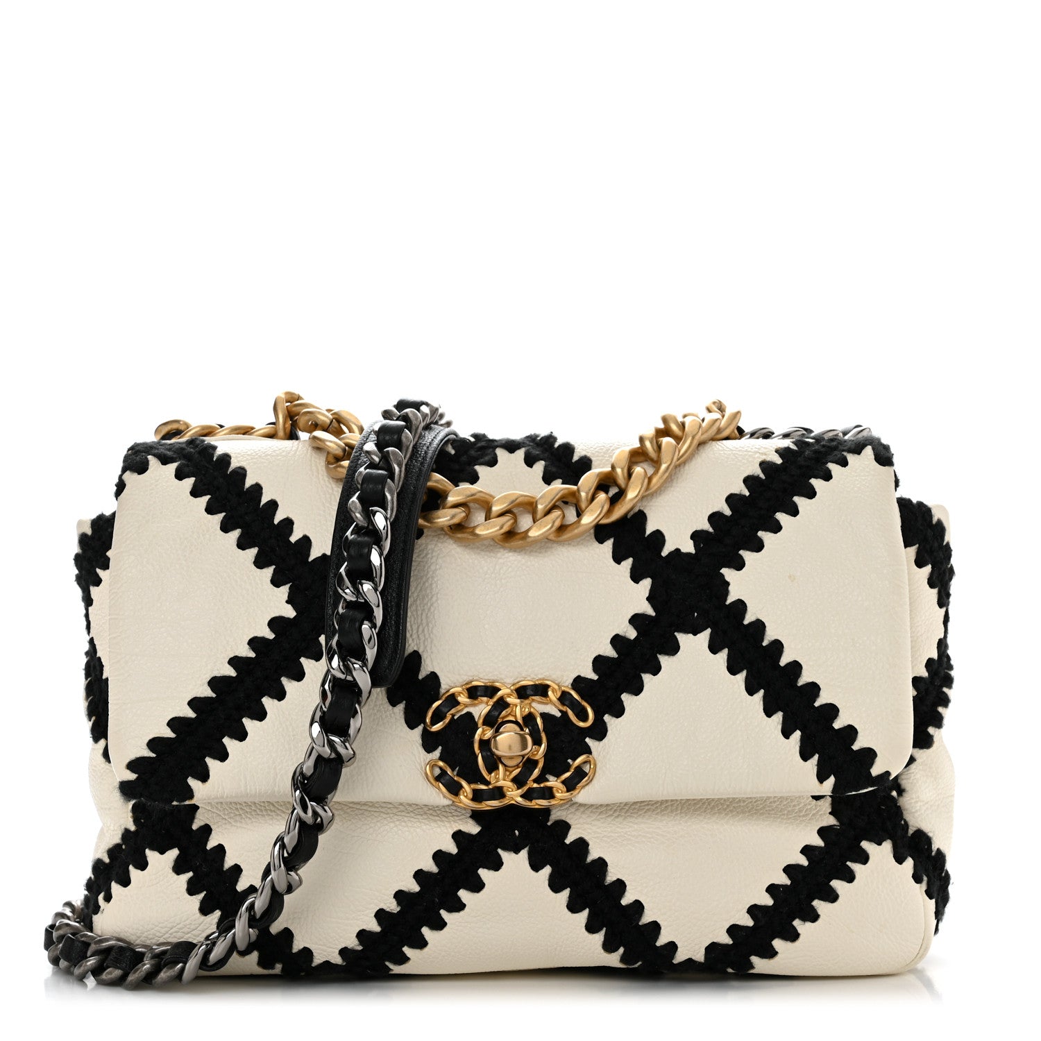 Chanel Calfskin Crochet Medium Chanel 19 Flap White Black 1 of 12