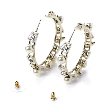 Chanel Glass Pearl Strass Snowfall Hoop Earrings Gold 3 of 5