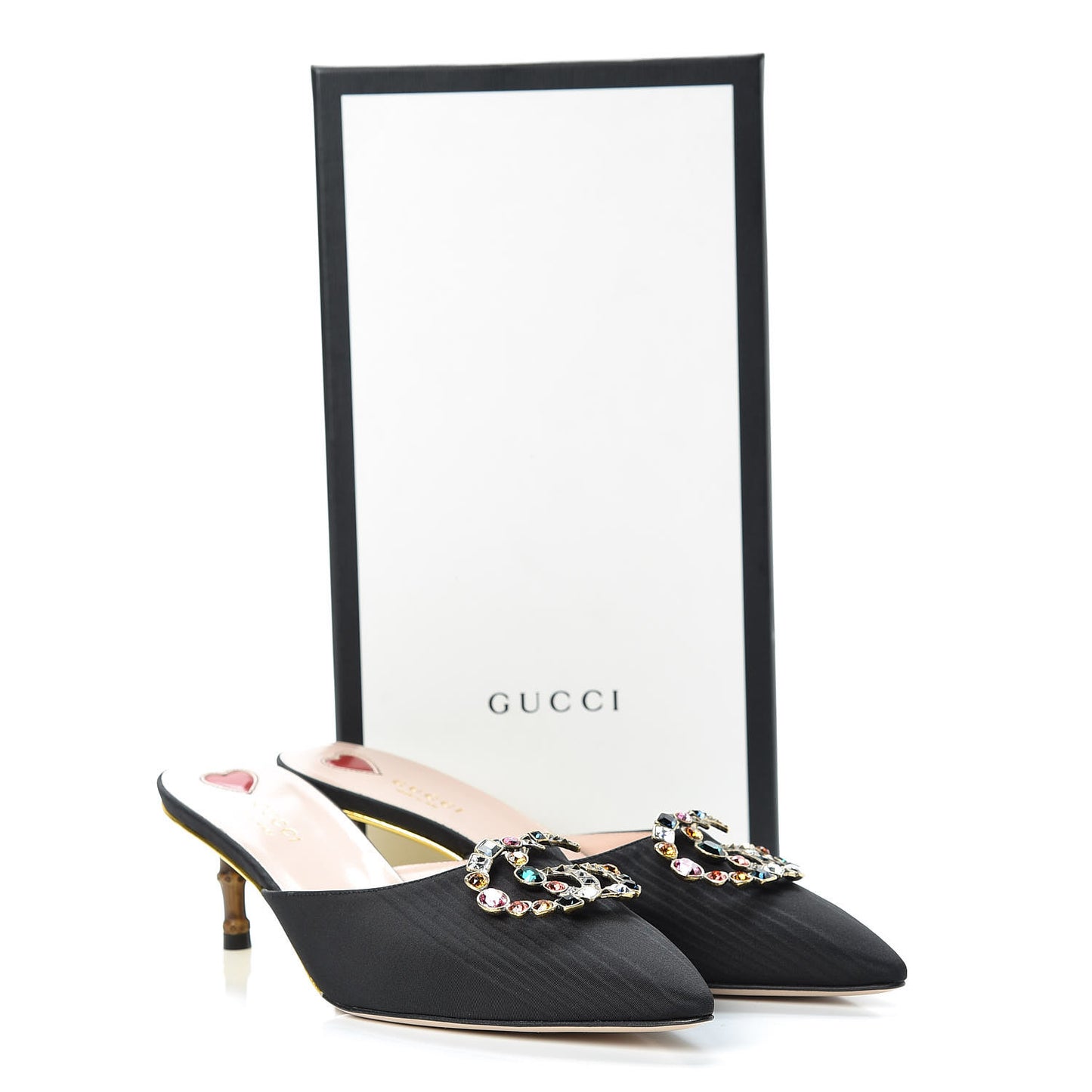 Moire Silk Crystal Logo Embellished Mules 39 Black