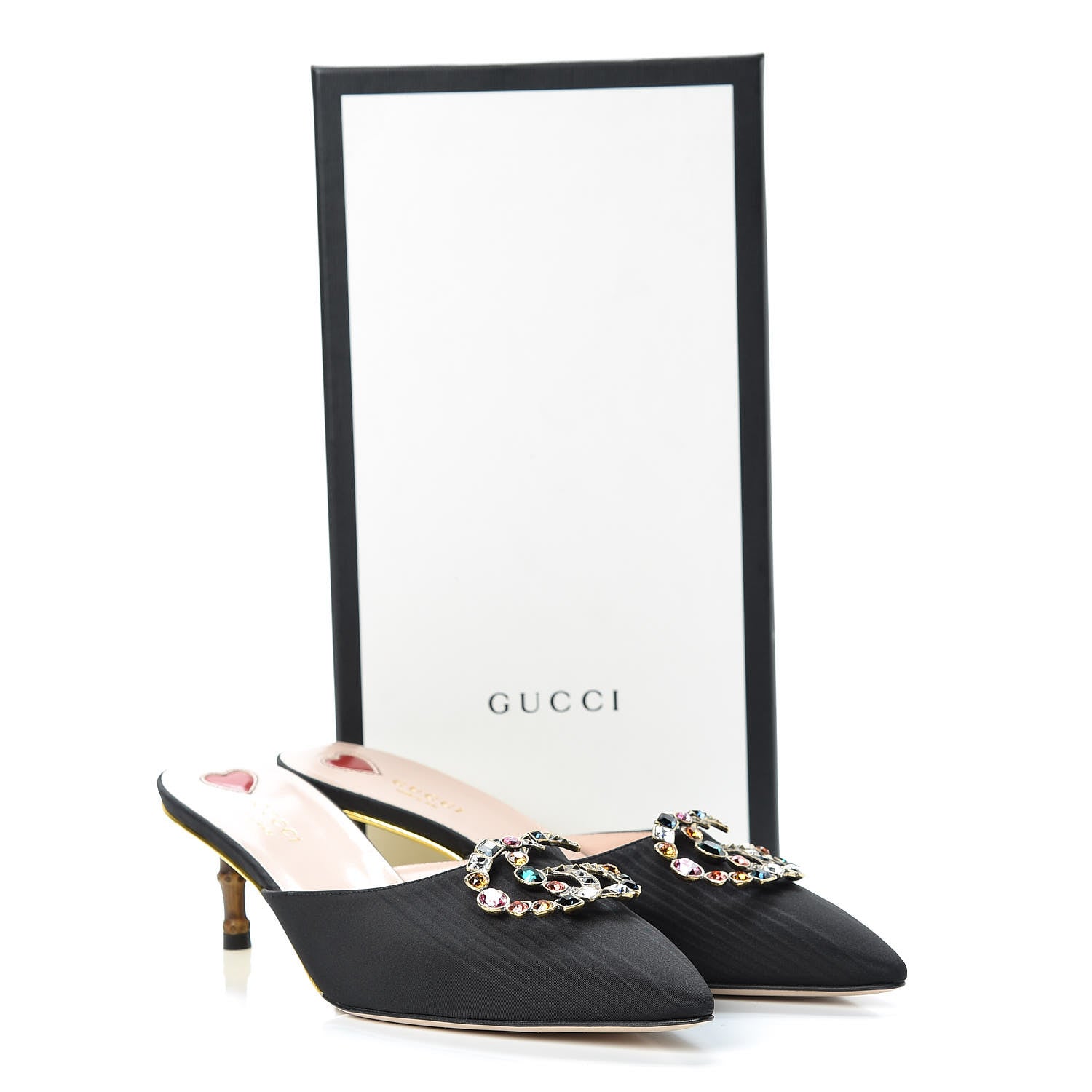 Gucci Moire Silk Crystal Logo Embellished Mules 39 Black 8 of 8