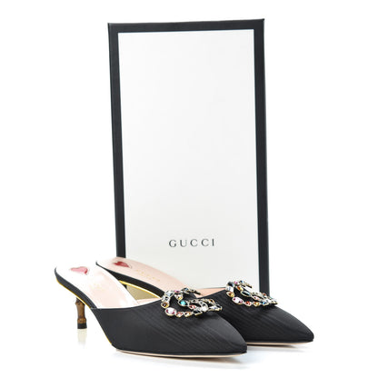 Gucci Moire Silk Crystal Logo Embellished Mules 39 Black 8 of 8